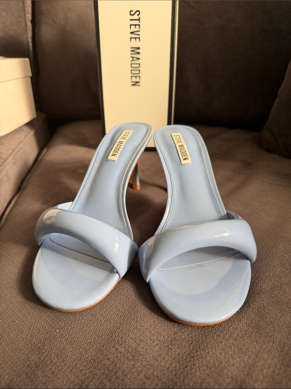Steve Madden Baby Blue Patent Slide Mules